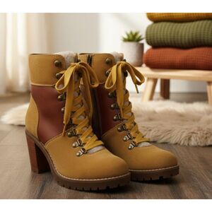 Frye and Co. Ankle Boots Cognac Rayner Hiker Shearling Trim Womens Size 7.5